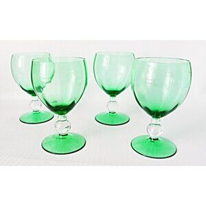 4 Green Hand Blown Wine Glasses Cocktail Clear Bubble Stem Vintage Barware